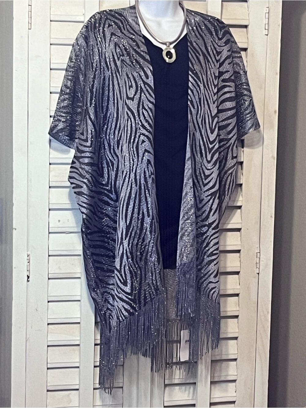 Bon Voyage Zebra Print Open-Front Kimono Cardigan Silver & Black with Fringe Hem